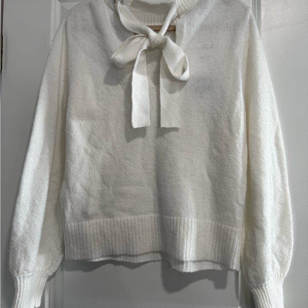 French Connection White Tie-Neck Crew Sweater